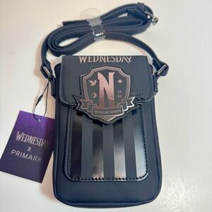 NWT. Primark x Wednesday crossbody bag. metallic Nevermore Academy crest